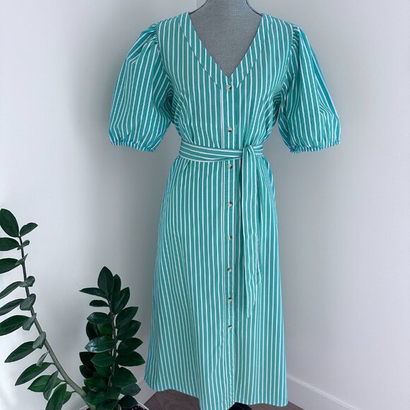 Women's Cotton Puff Sleeve Midi/Maxi Shirt Dress sz L. - Green & White - Picture 3 of 13